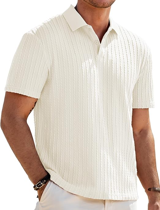 JMIERR Men's Textured Polo Shirt Short Sleeve Soft Stretch Fabric, Lightweight, Knit Feel, Short Sleeve Golf Polo, Regular Fit,