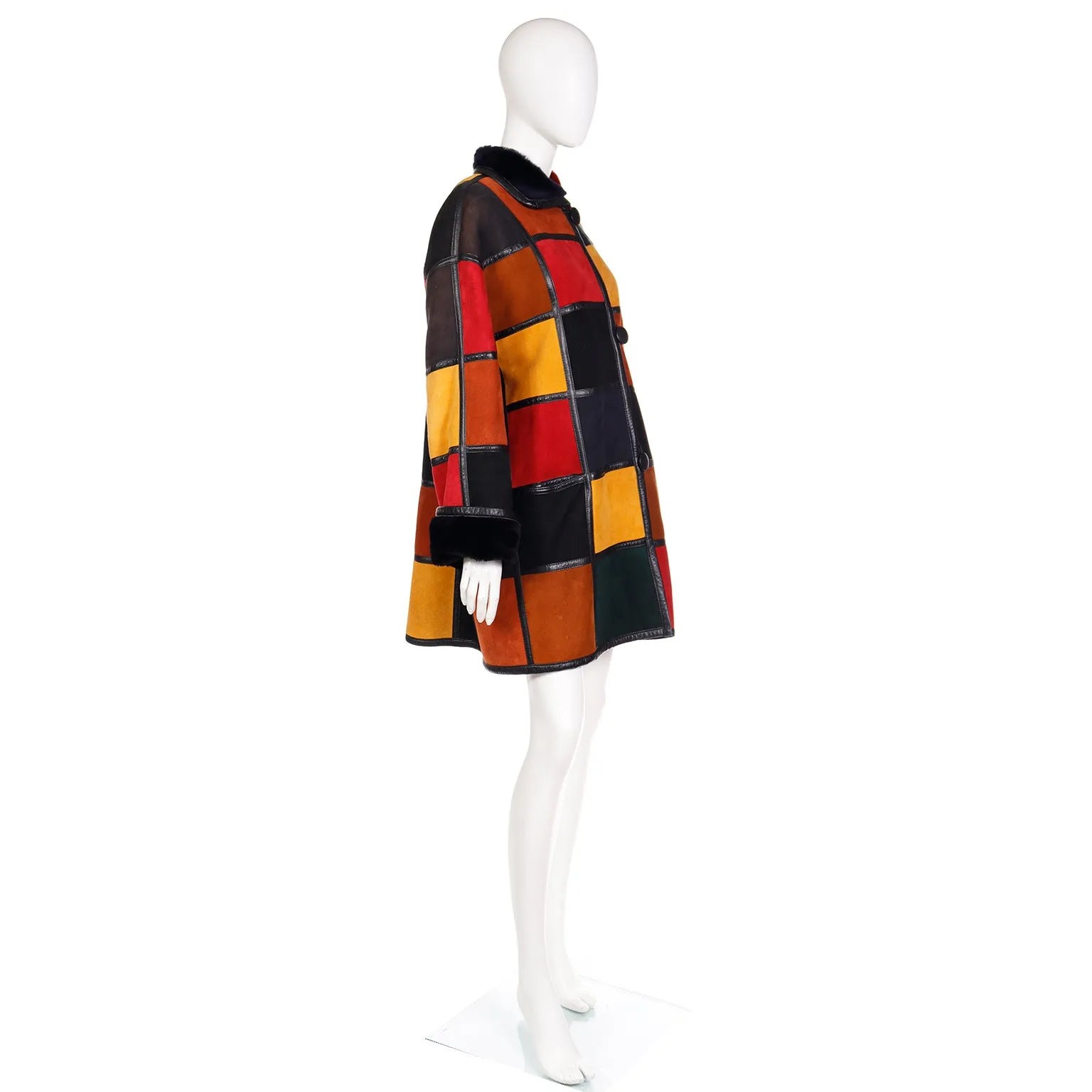 1980s Donna Karan Patchwork Shearling Reversible to Faux Fur Coat