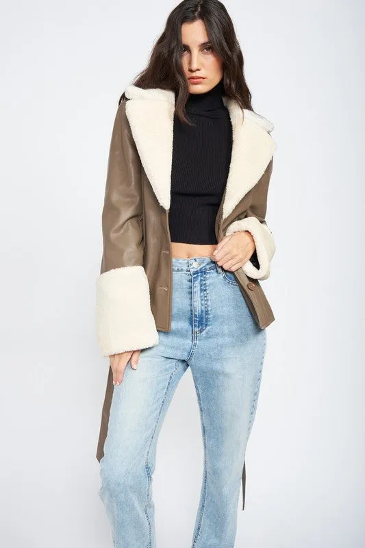 Belted Faux Leather Shearling Jacket