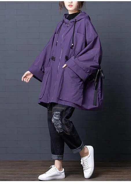 Chic Hooded Tie Waist Plus Size Spring Coats Women Purple Dresses Jackets