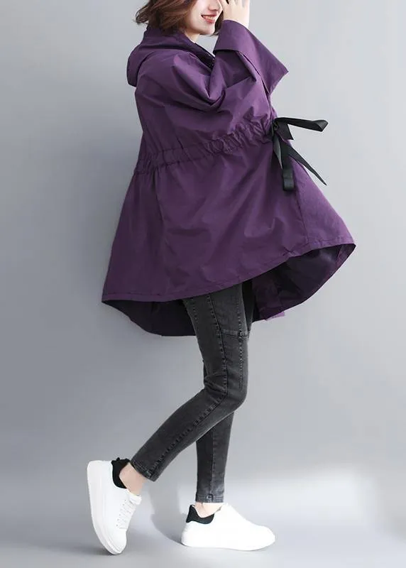 Chic Hooded Tie Waist Plus Size Spring Coats Women Purple Dresses Jackets