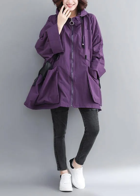 Chic Hooded Tie Waist Plus Size Spring Coats Women Purple Dresses Jackets