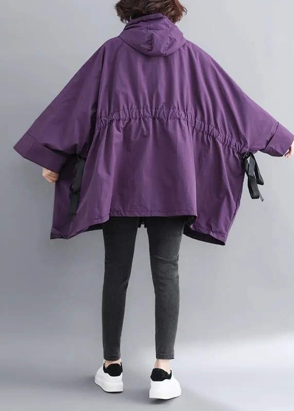 Chic Hooded Tie Waist Plus Size Spring Coats Women Purple Dresses Jackets