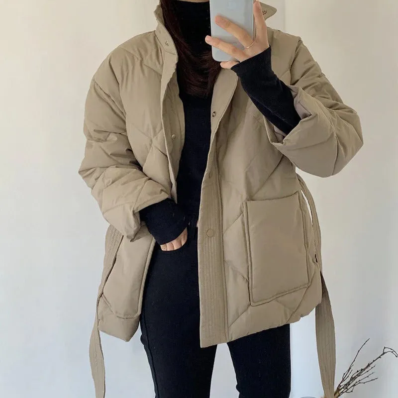 Cozy Padded Winter Coat Belted Jackets with Pockets