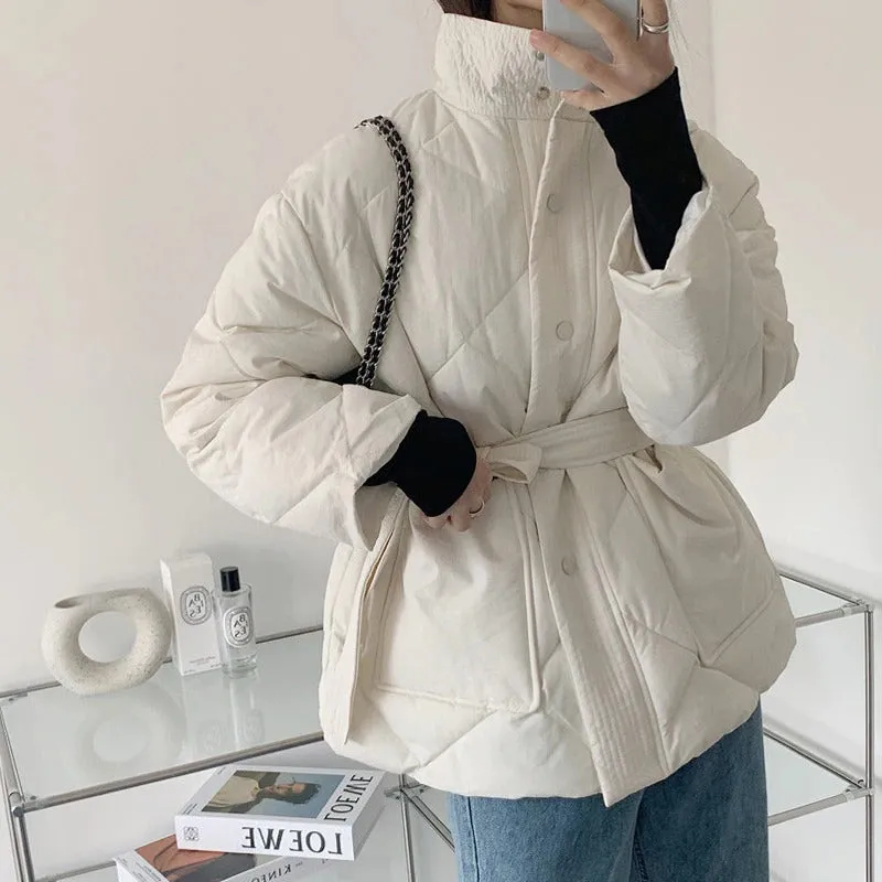 Cozy Padded Winter Coat Belted Jackets with Pockets