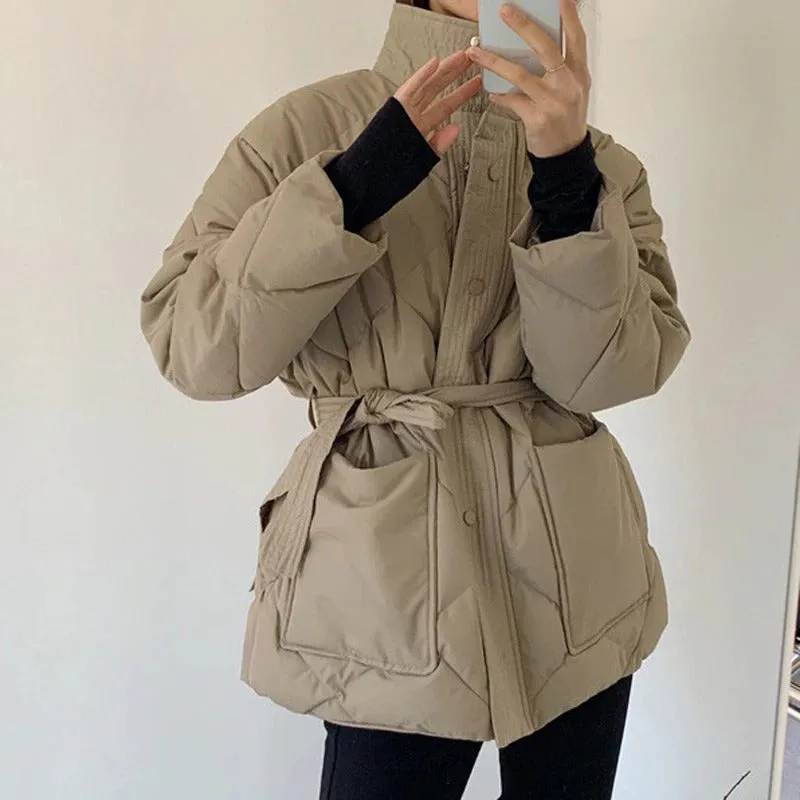 Cozy Padded Winter Coat Belted Jackets with Pockets