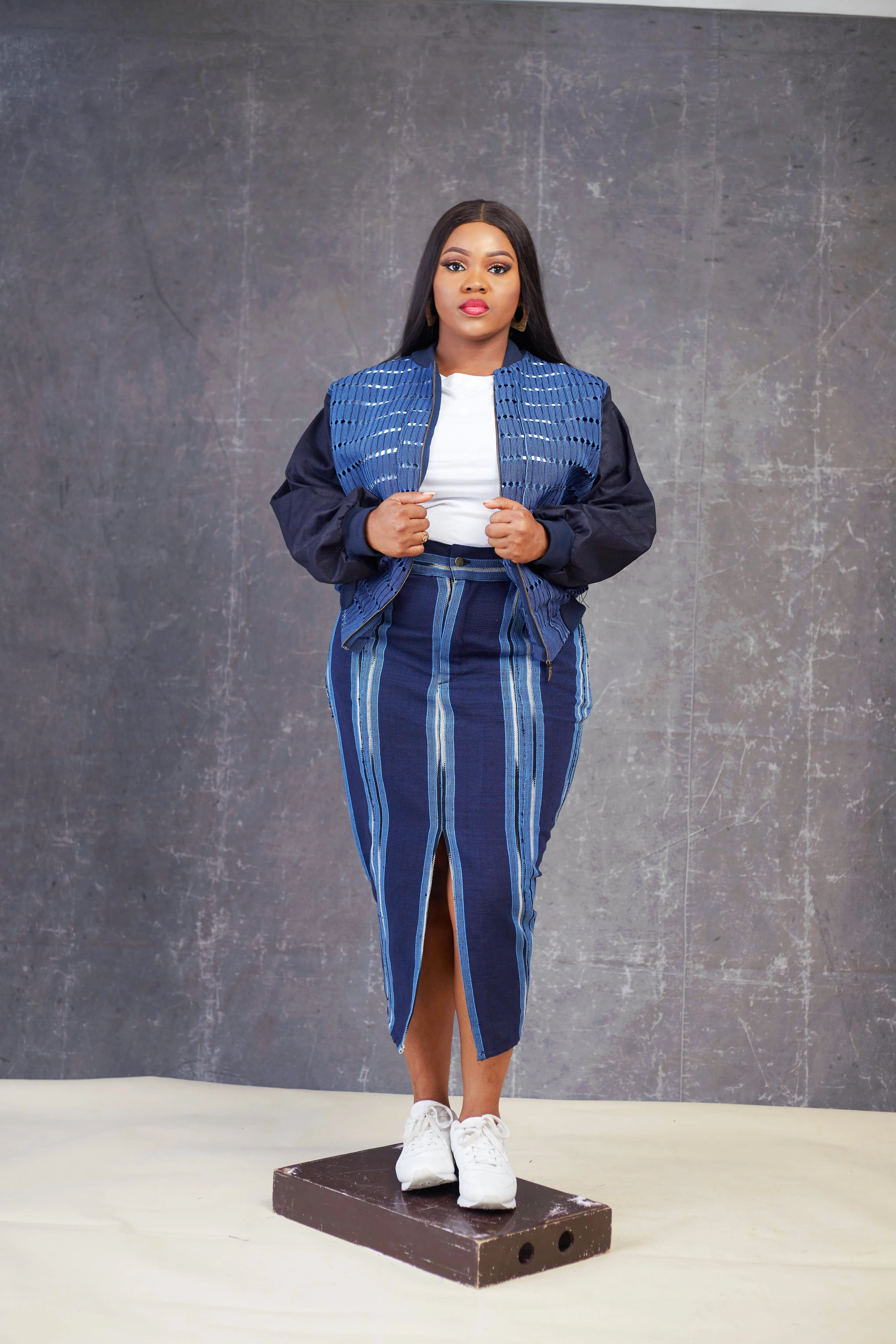 Denim Aso oke  Bomber Jacket