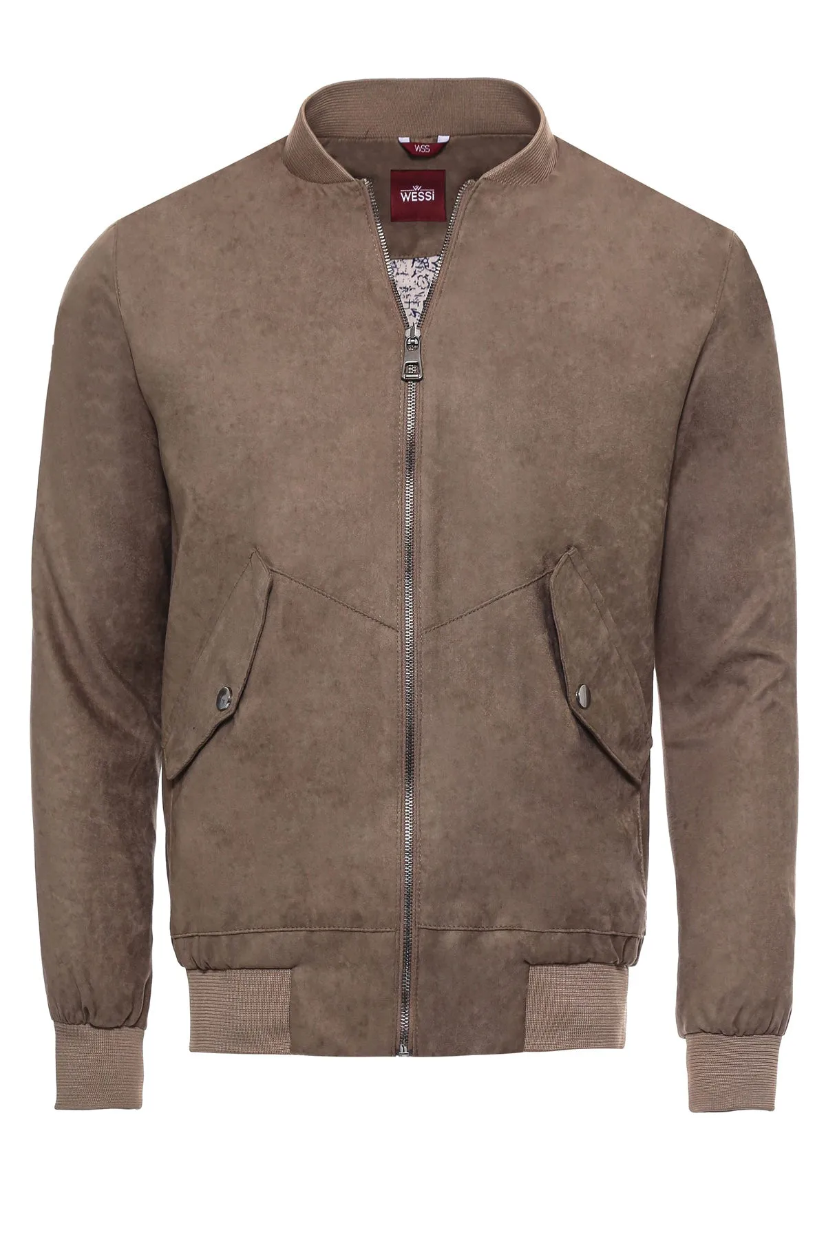 Flap Pockets Suede Light Brown Men Bomber Coat - Wessi