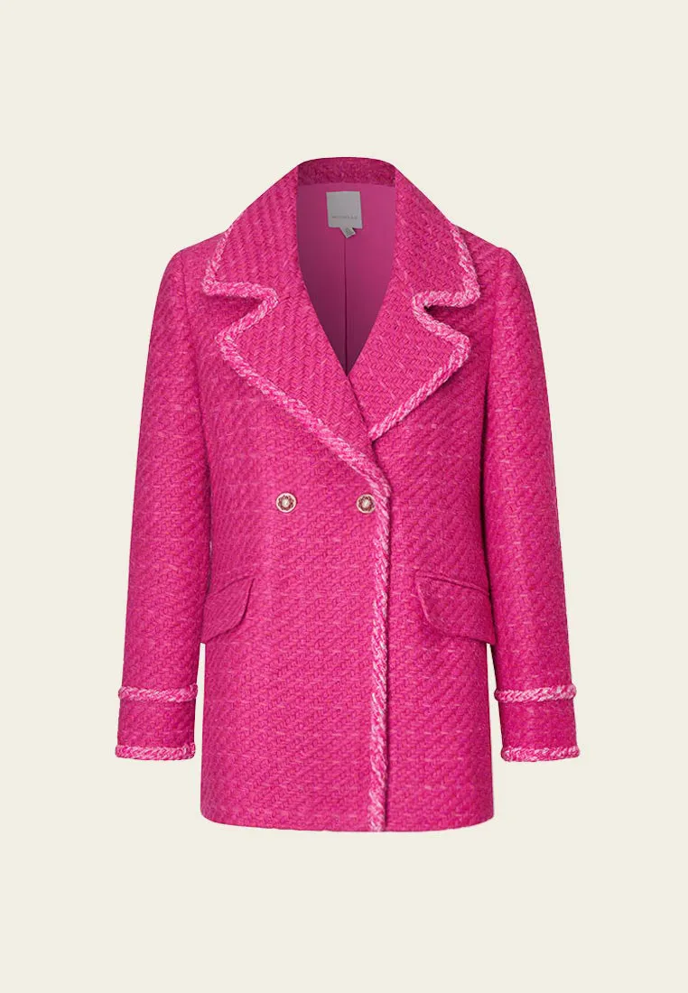 Fuchsia Double-Breasted Lapel Tweed Coat