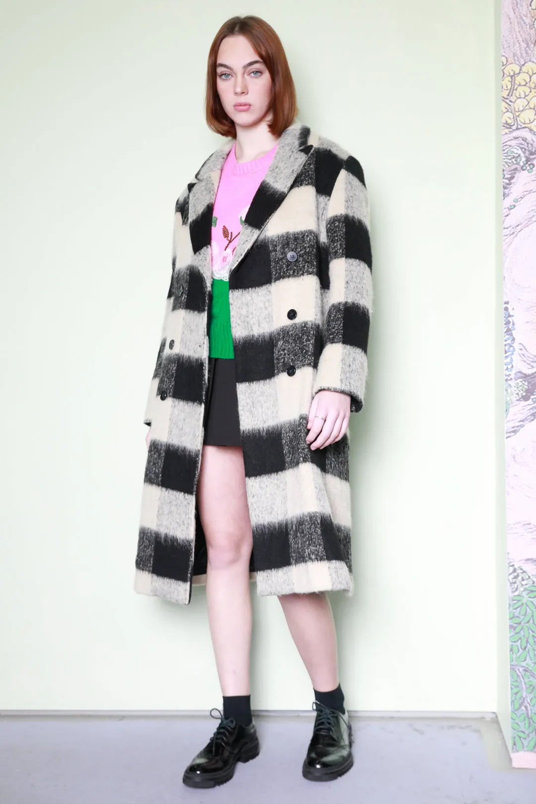 Heavy Wool Black White Plaid Coat