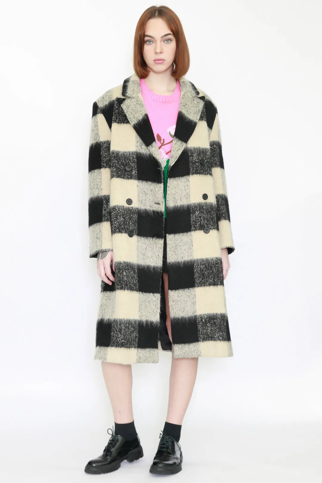 Heavy Wool Black White Plaid Coat