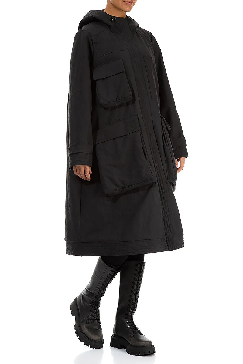 Hooded Black Cotton Coat