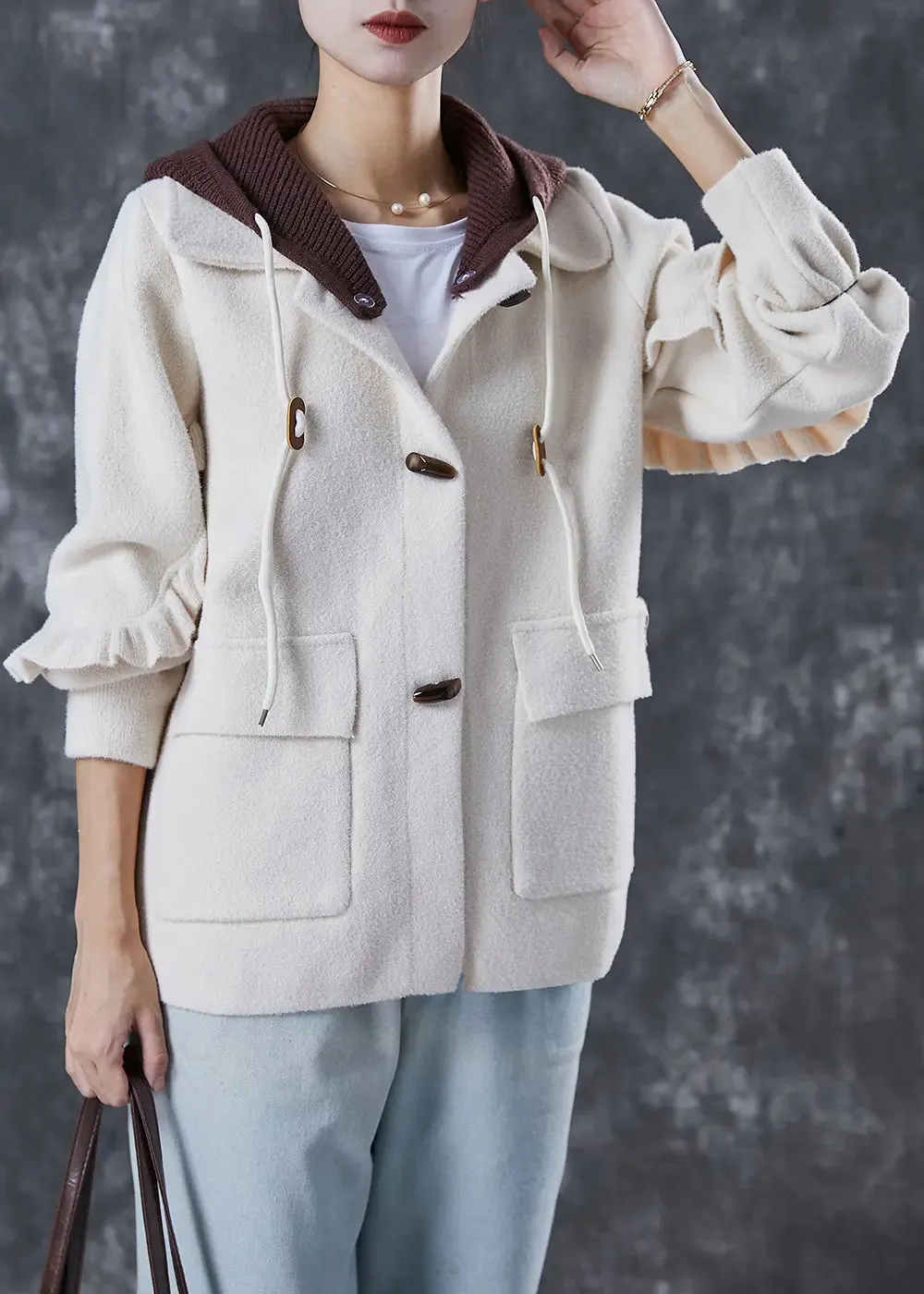 Hooded Ruffled Woolen Coats Spring