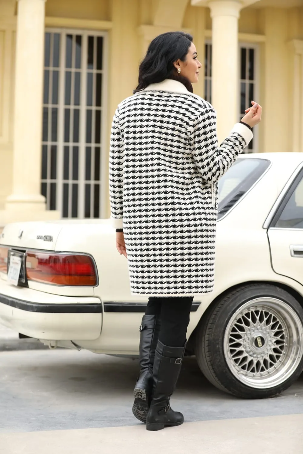 Houndstooth Long Coat with Pockets