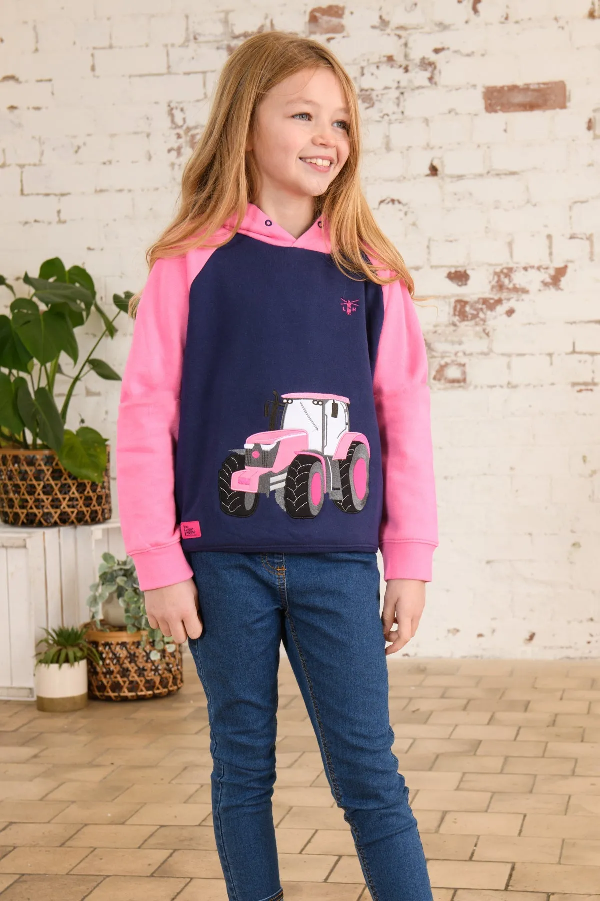 Jill Hoodie - Pink Tractor Appliqué