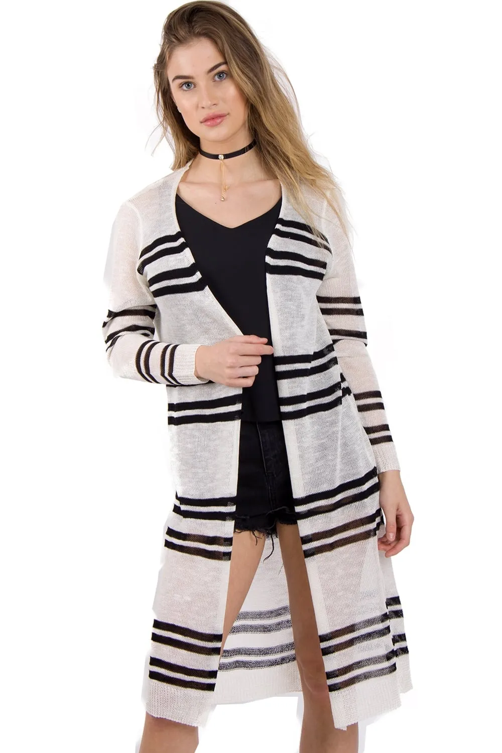 Lightweight Striped Fine Knit Longline Midi Length Knitted Cape Cardigan