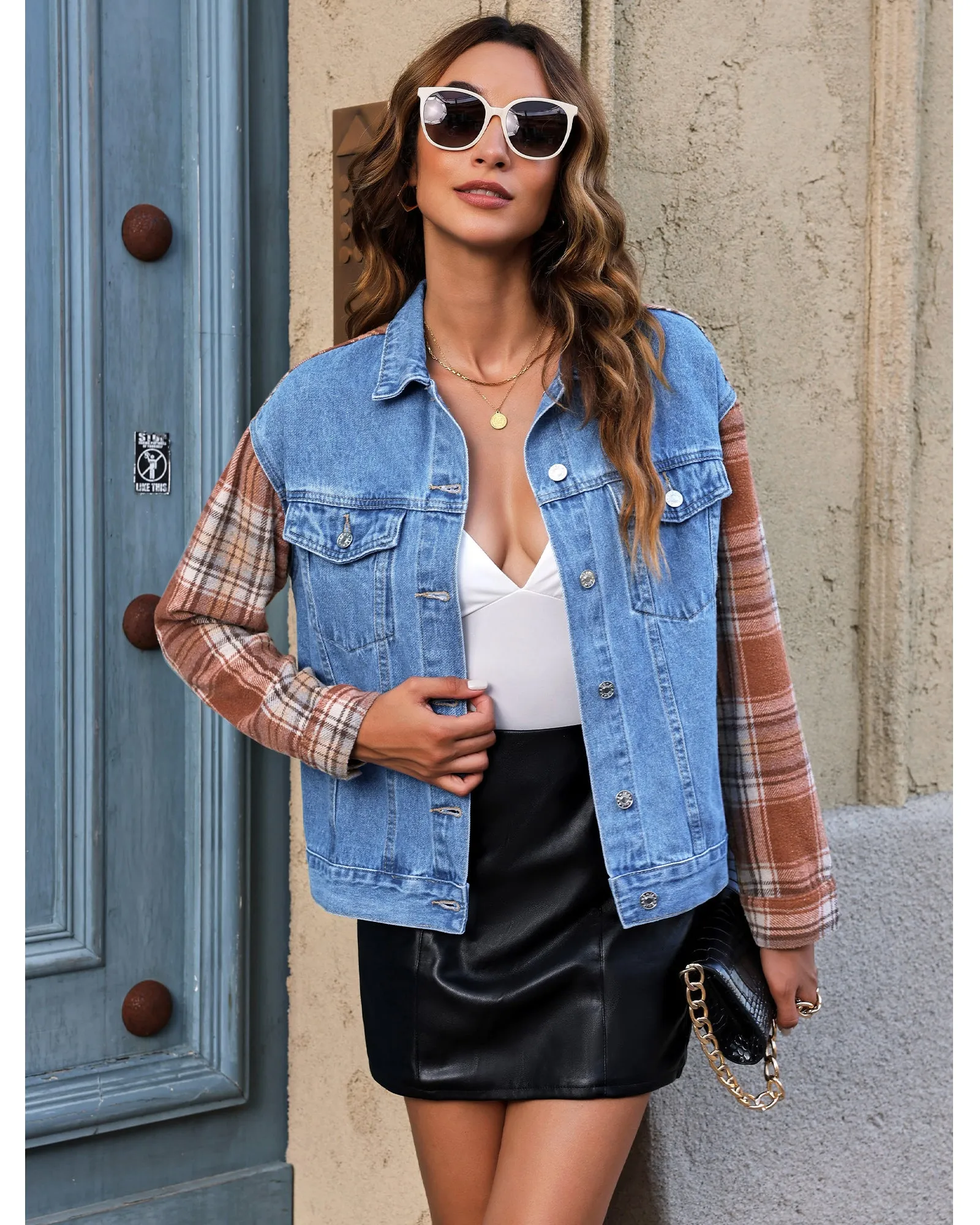 luvamia Jean Jackets for Women Fashion Flannel Plaid Shacket Jacket Oversized Button Down Trucker Denim Shirt Jackets