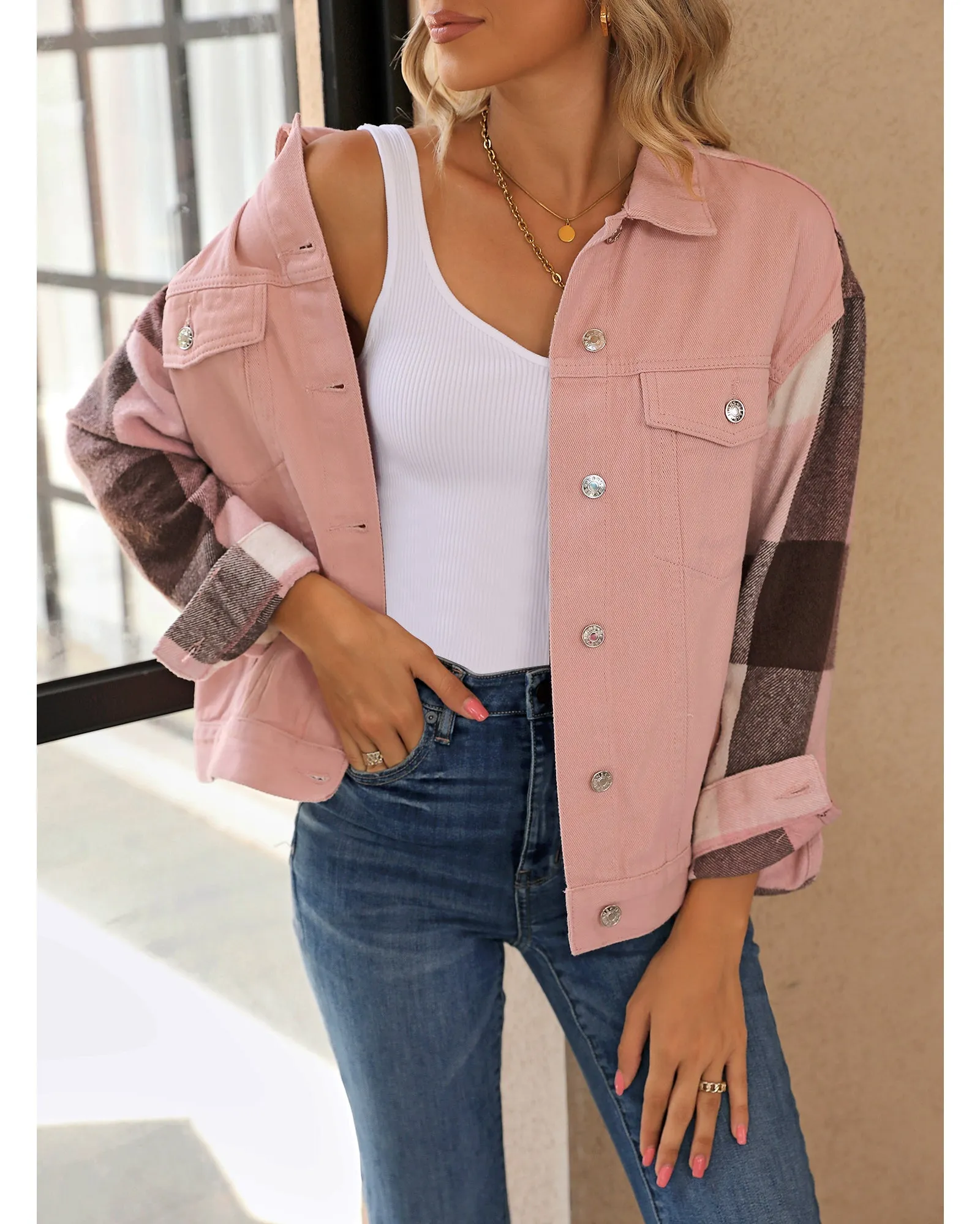 luvamia Jean Jackets for Women Fashion Flannel Plaid Shacket Jacket Oversized Button Down Trucker Denim Shirt Jackets