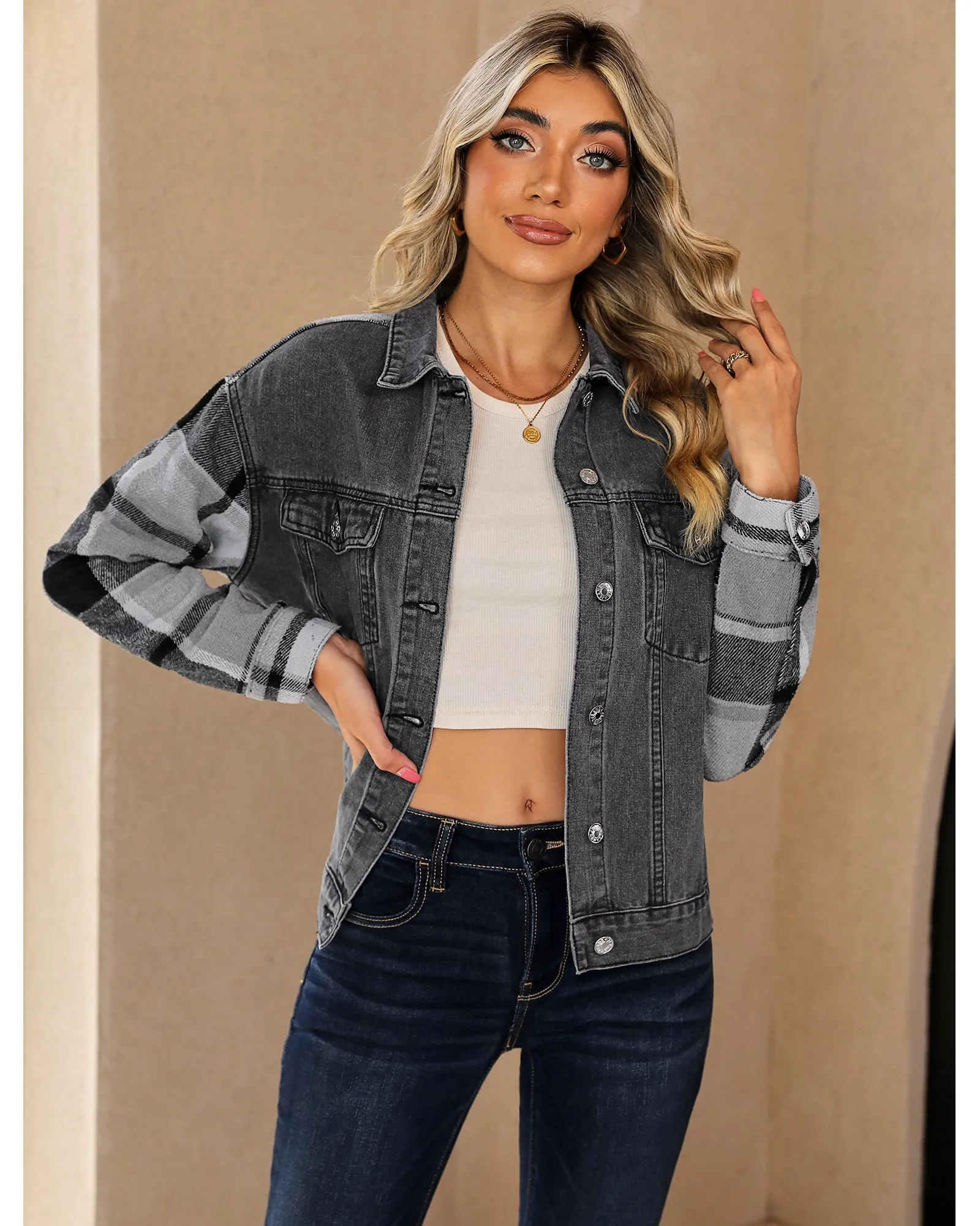 luvamia Jean Jackets for Women Fashion Flannel Plaid Shacket Jacket Oversized Button Down Trucker Denim Shirt Jackets