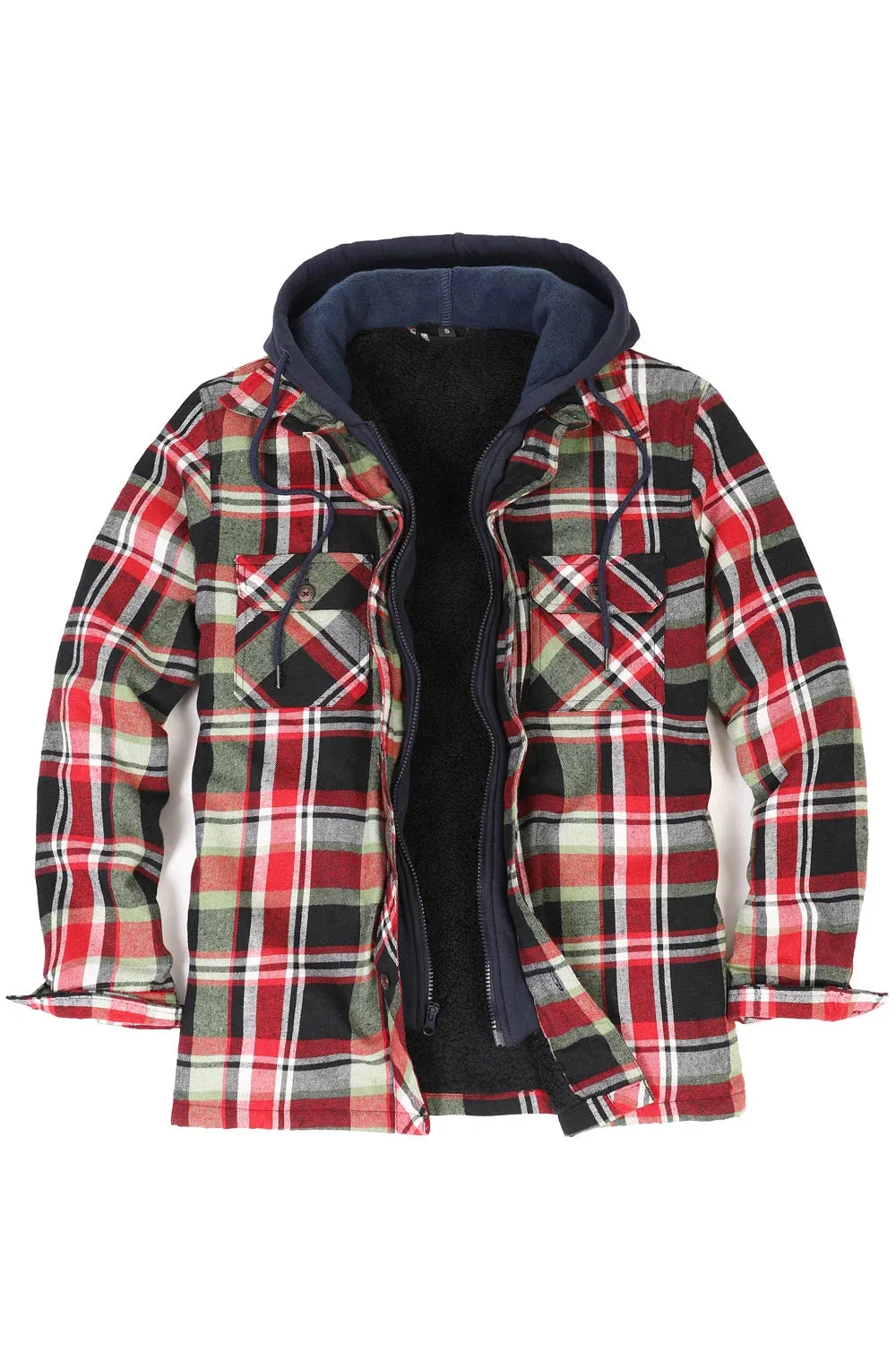 Men's Fuzzy Sherpa Lined Zip Up Plaid Flannel Shirt Jacket with Hood