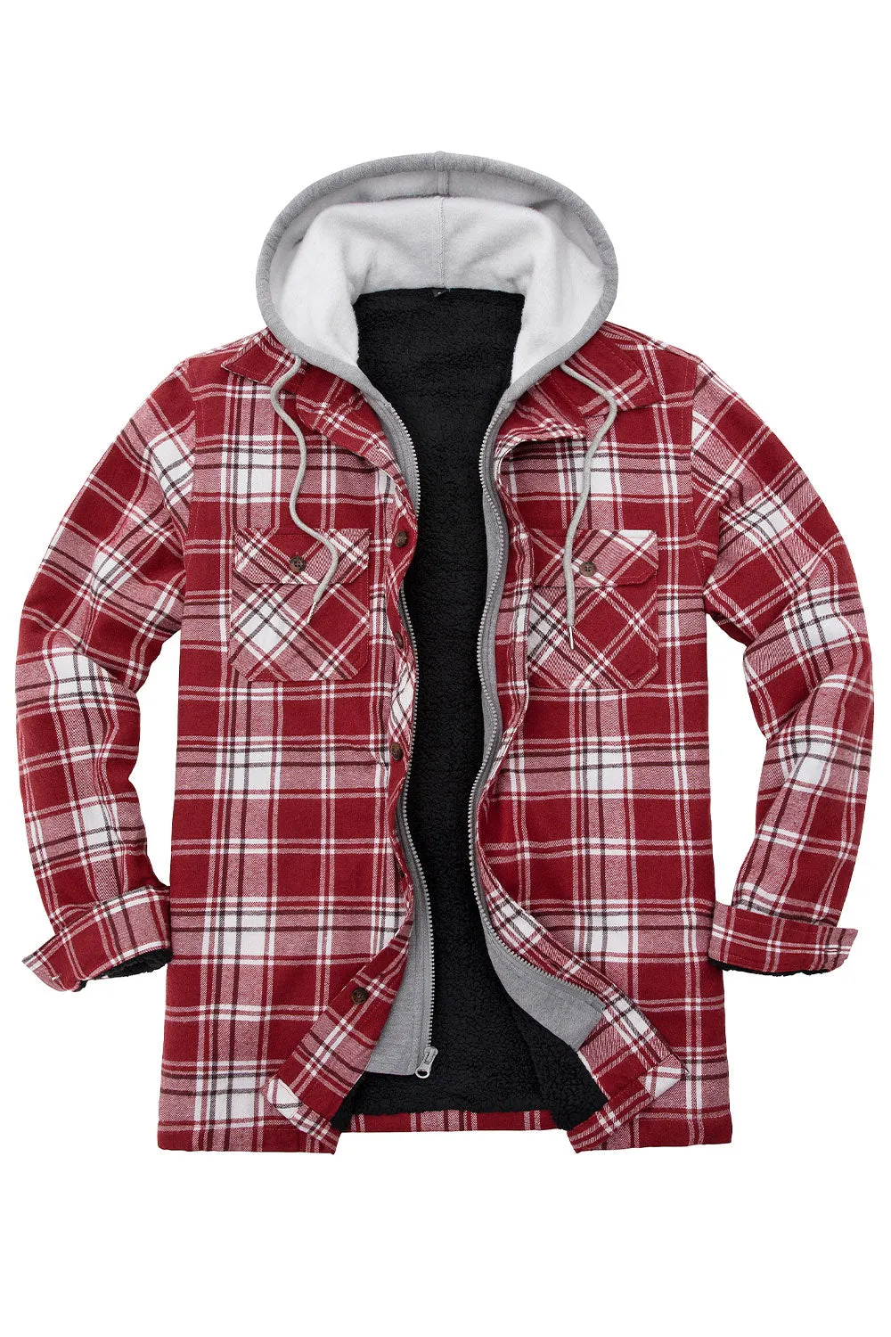 Men's Fuzzy Sherpa Lined Zip Up Plaid Flannel Shirt Jacket with Hood