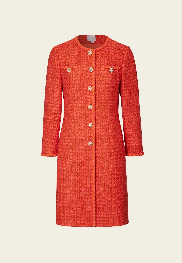 Orange Golden Button Embellished Tweed Coat