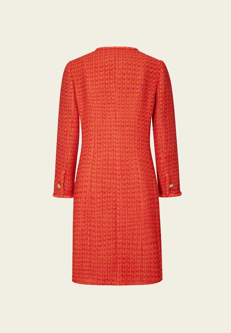 Orange Golden Button Embellished Tweed Coat