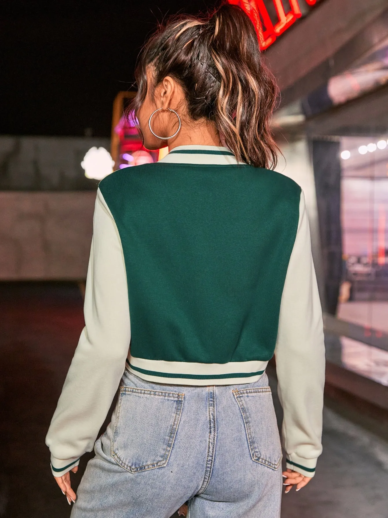 SHEIN EZwear Letter Patched Crop Varsity Jacket