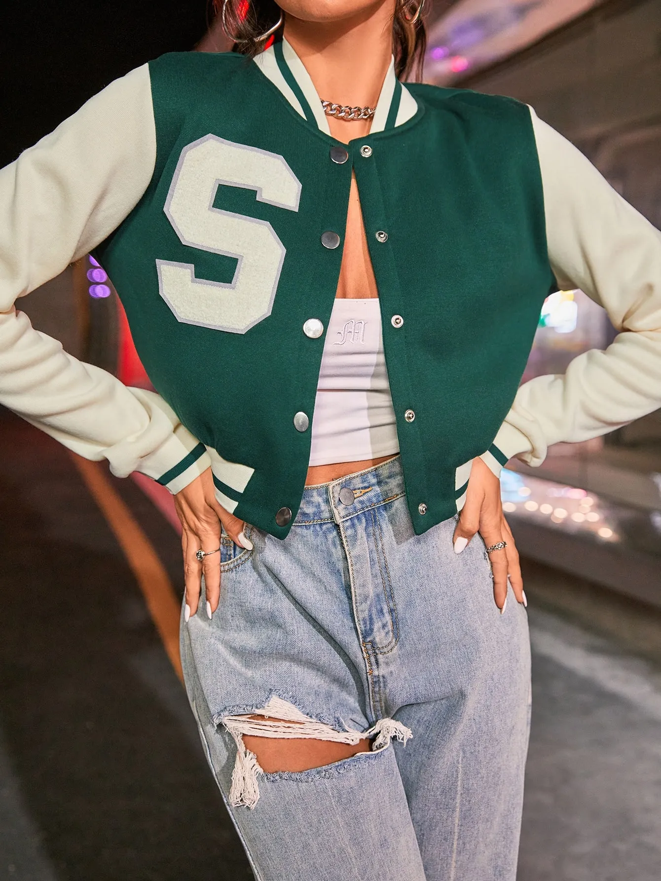 SHEIN EZwear Letter Patched Crop Varsity Jacket