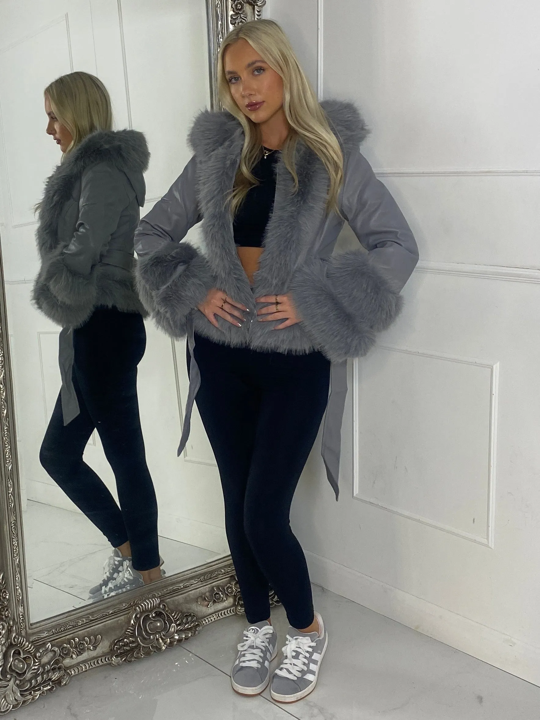 Short Belted Faux Fur & Pu Contrast Jacket - Grey