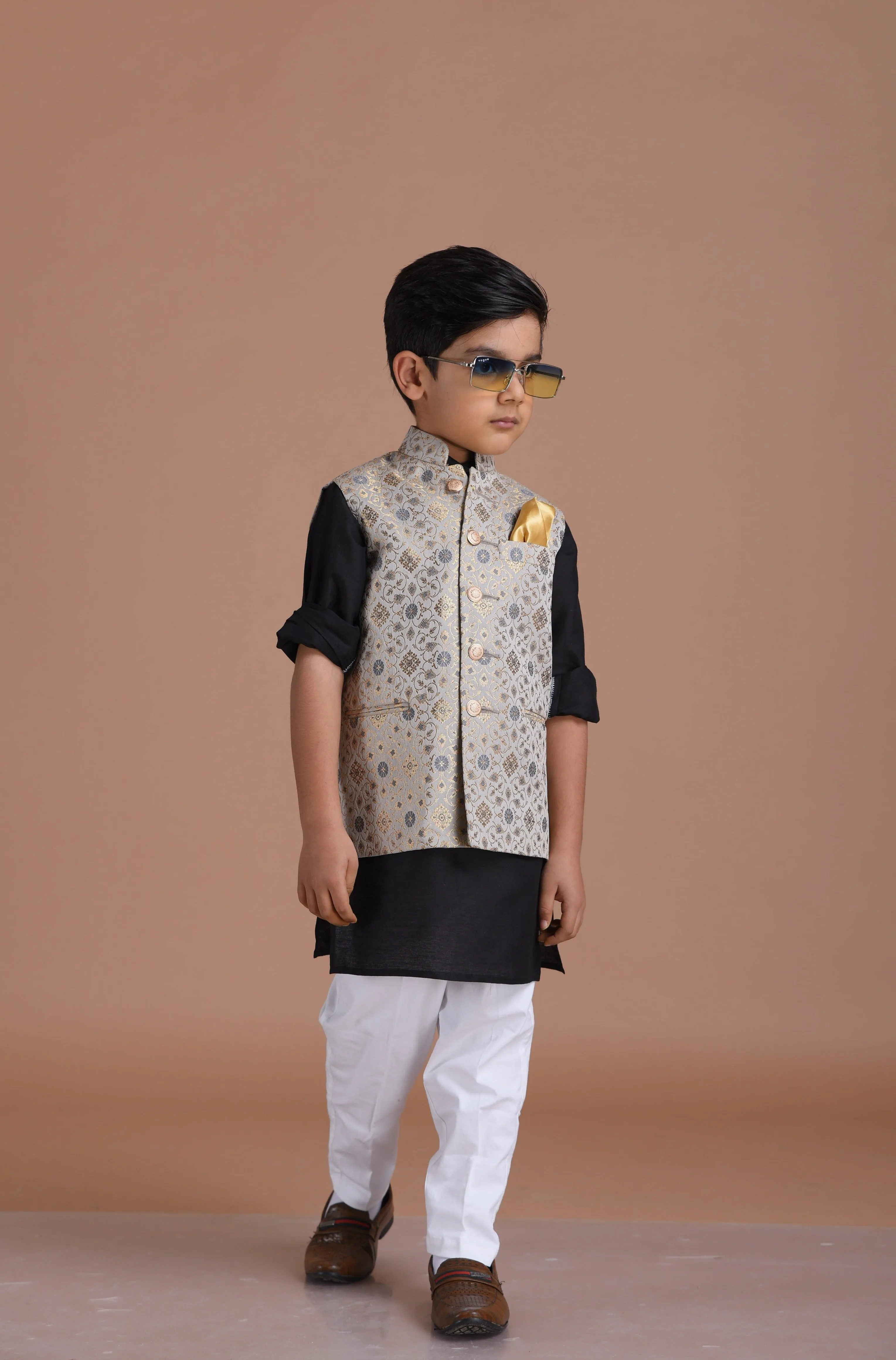 Stunning Banarasi Brocade Half Jodhpuri  Jacket with Black Silk Kurta Pajama Set | Greyish-Blue| Available in Father Son Combo | Comfortable wear for kids