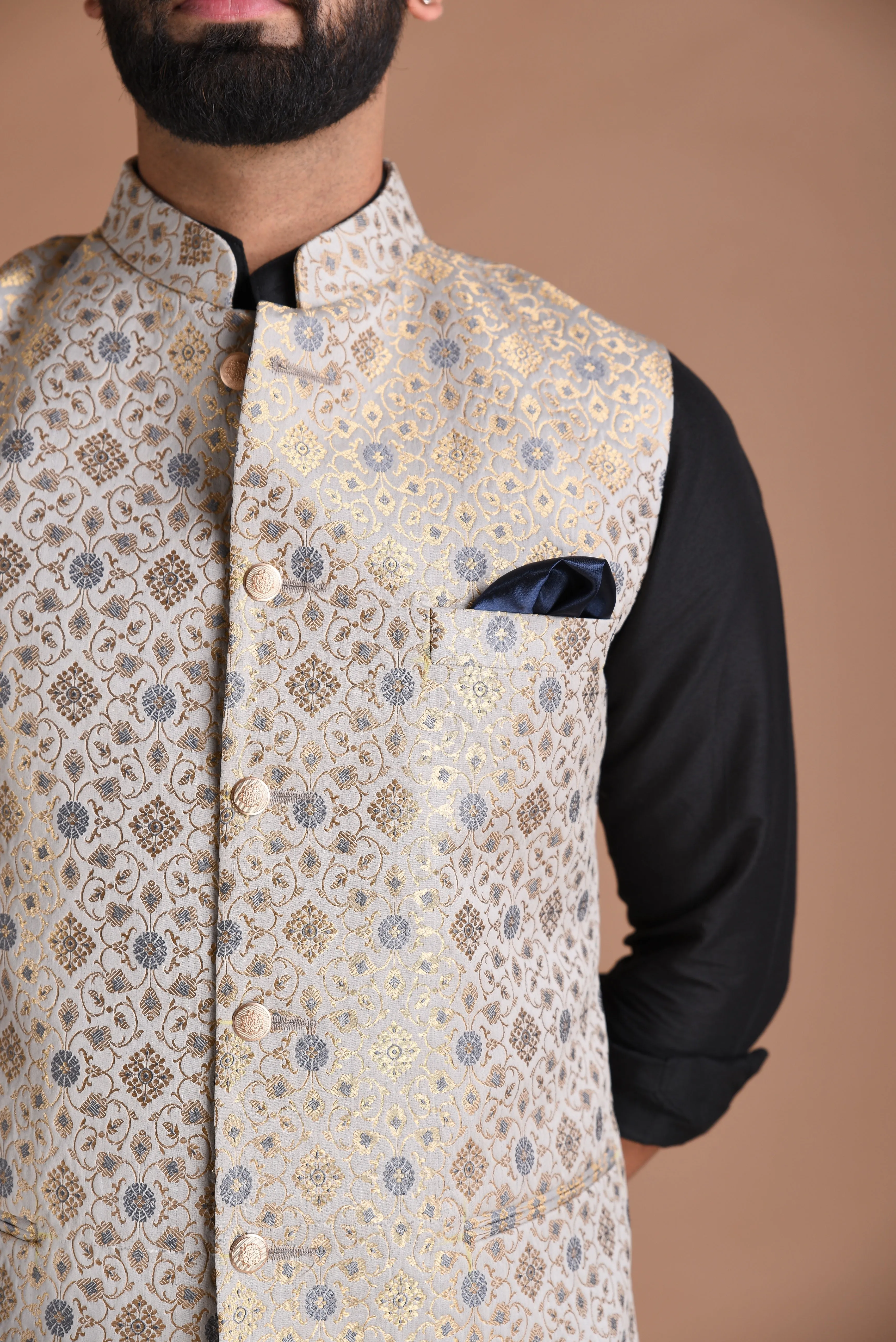 Stunning Banarasi Brocade Half Jodhpuri  Jacket with Black Silk Kurta Pajama Set | Greyish-Blue| Available in Father Son Combo | Comfortable wear for kids