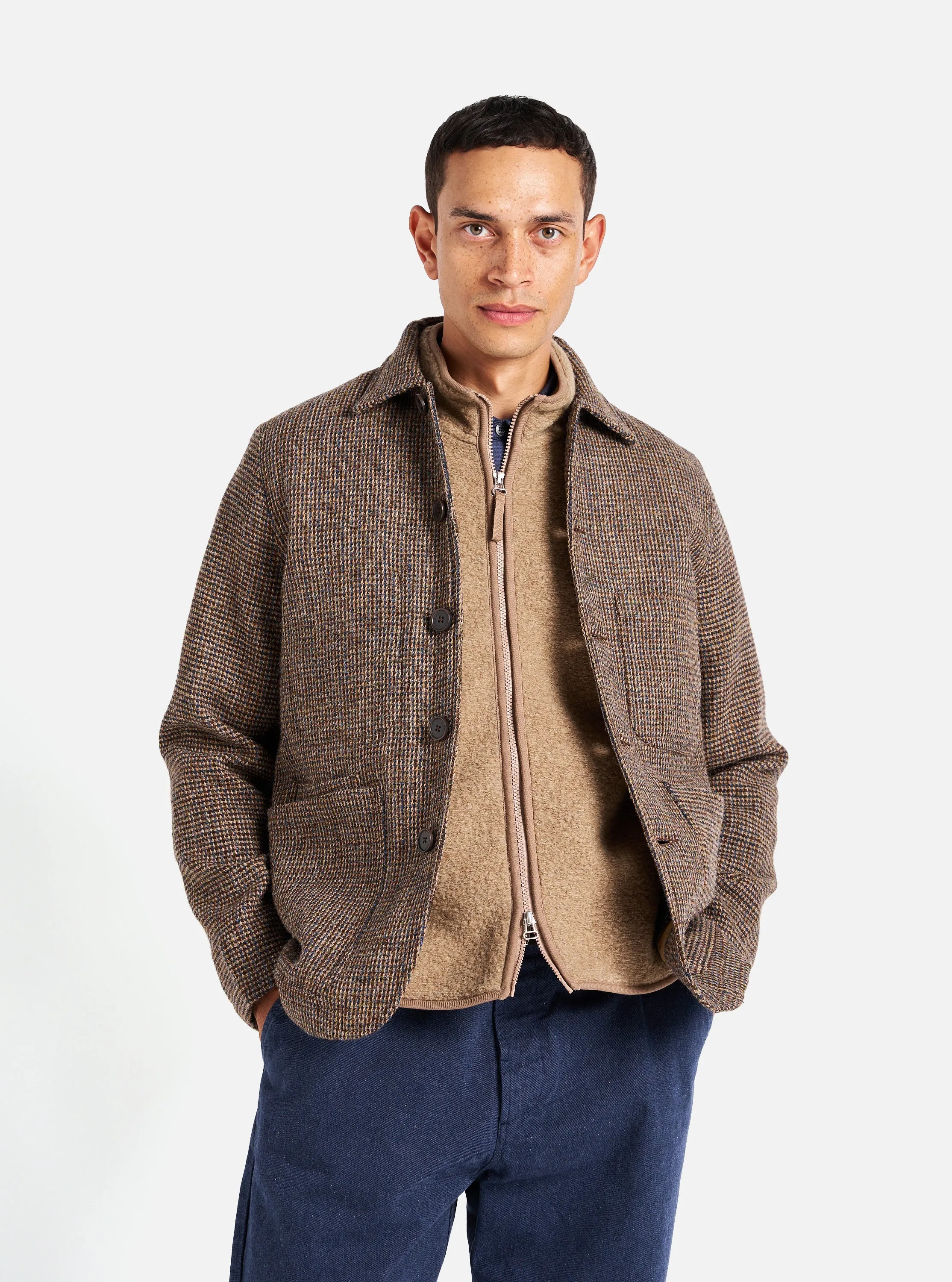 Universal Works Bakers Jacket in Brown Harris Tweed Plaid