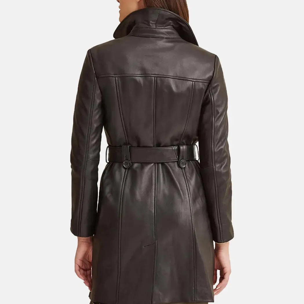 Women Brown Leather Trench Coat With Belt