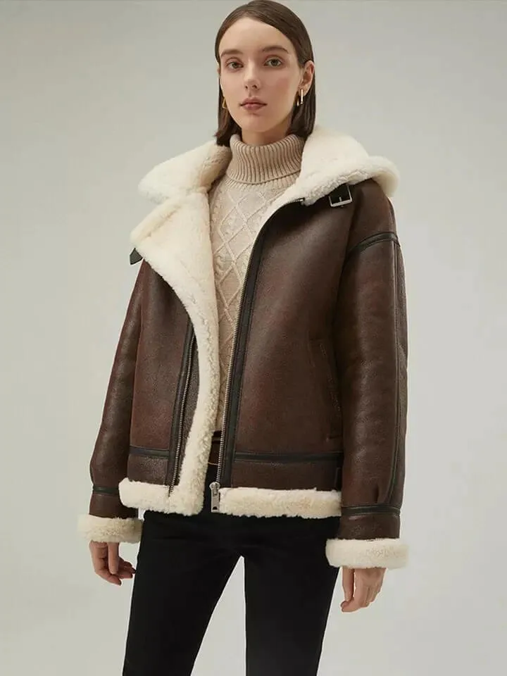 Women's Chocolate Brown Shearling Coat with Removable Hood