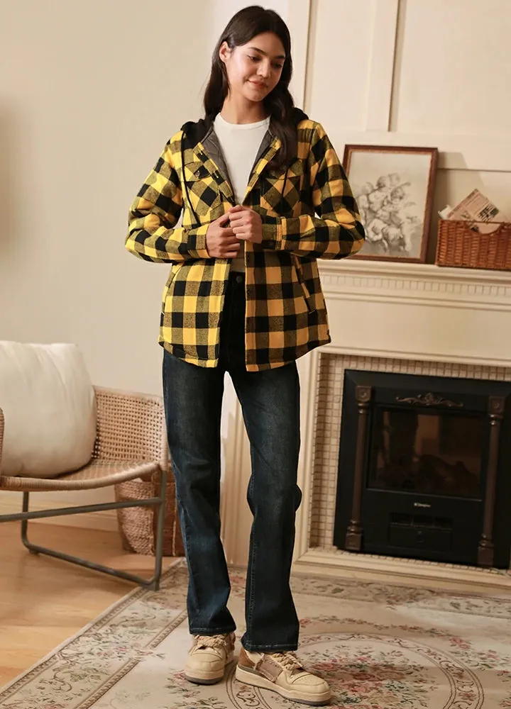 Women's Quilted Lined Hooded Plaid Flannel Shirt Jacket with Hood