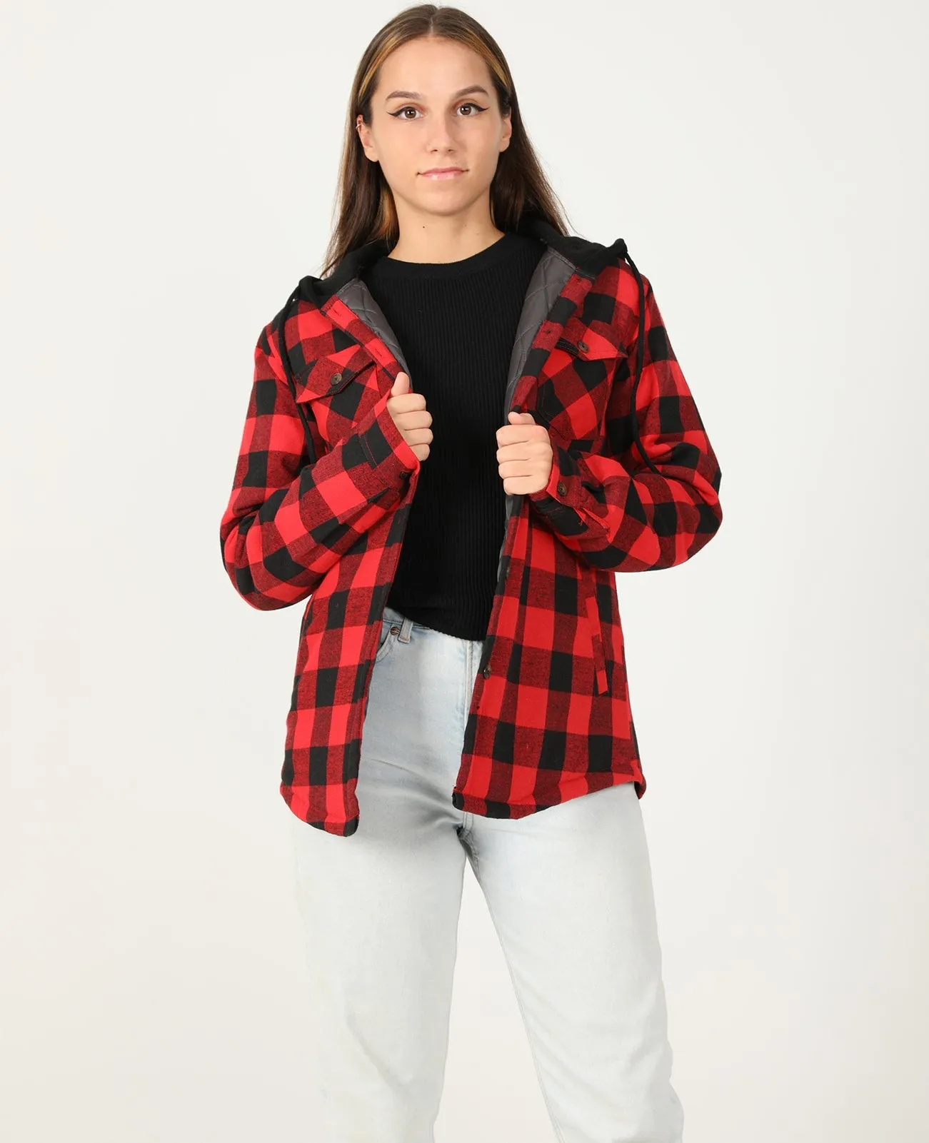 Women's Quilted Lined Hooded Plaid Flannel Shirt Jacket with Hood