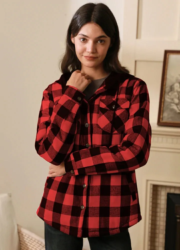 Women's Quilted Lined Hooded Plaid Flannel Shirt Jacket with Hood