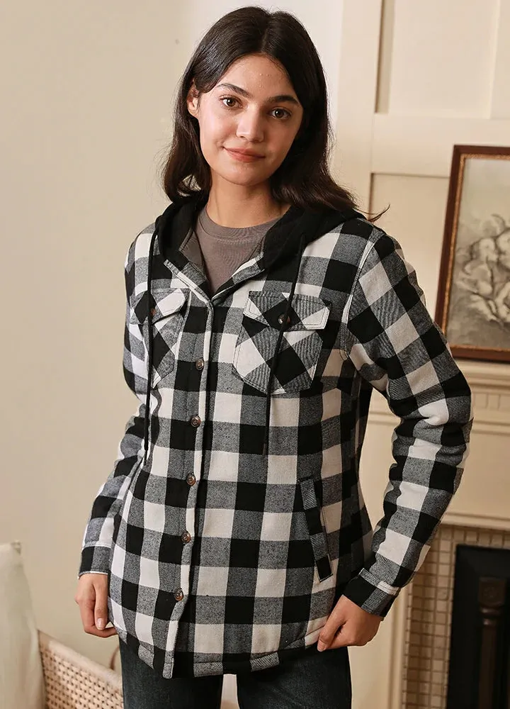 Women's Quilted Lined Hooded Plaid Flannel Shirt Jacket with Hood