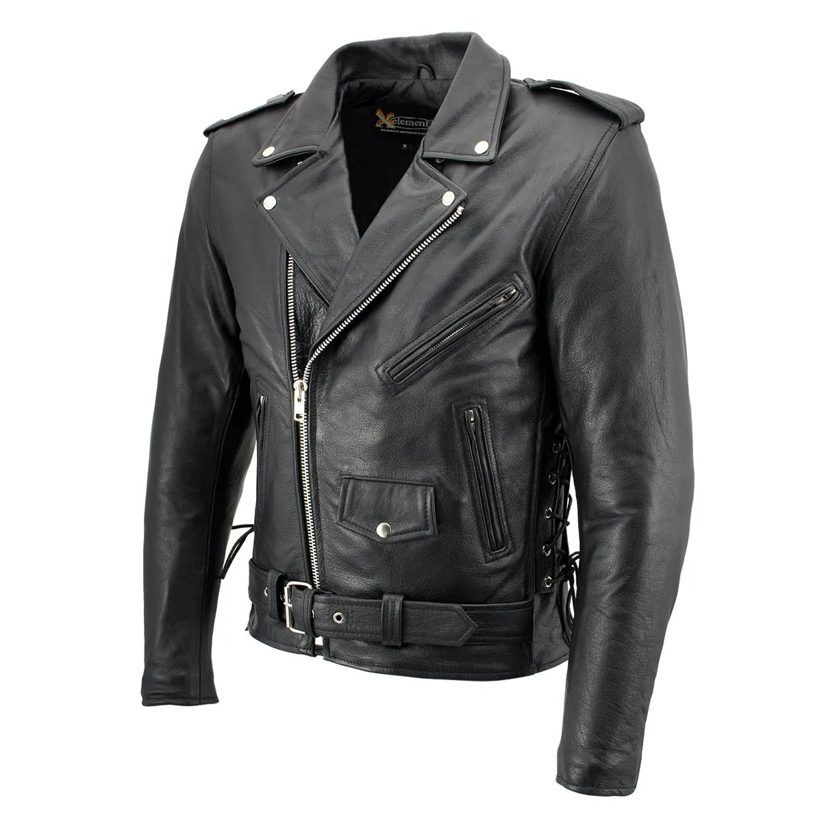 Xelement B7103 Men's 'Ruffian' Classic Black Motorcycle Side Lace Leather Jacket with X-Armor Protection