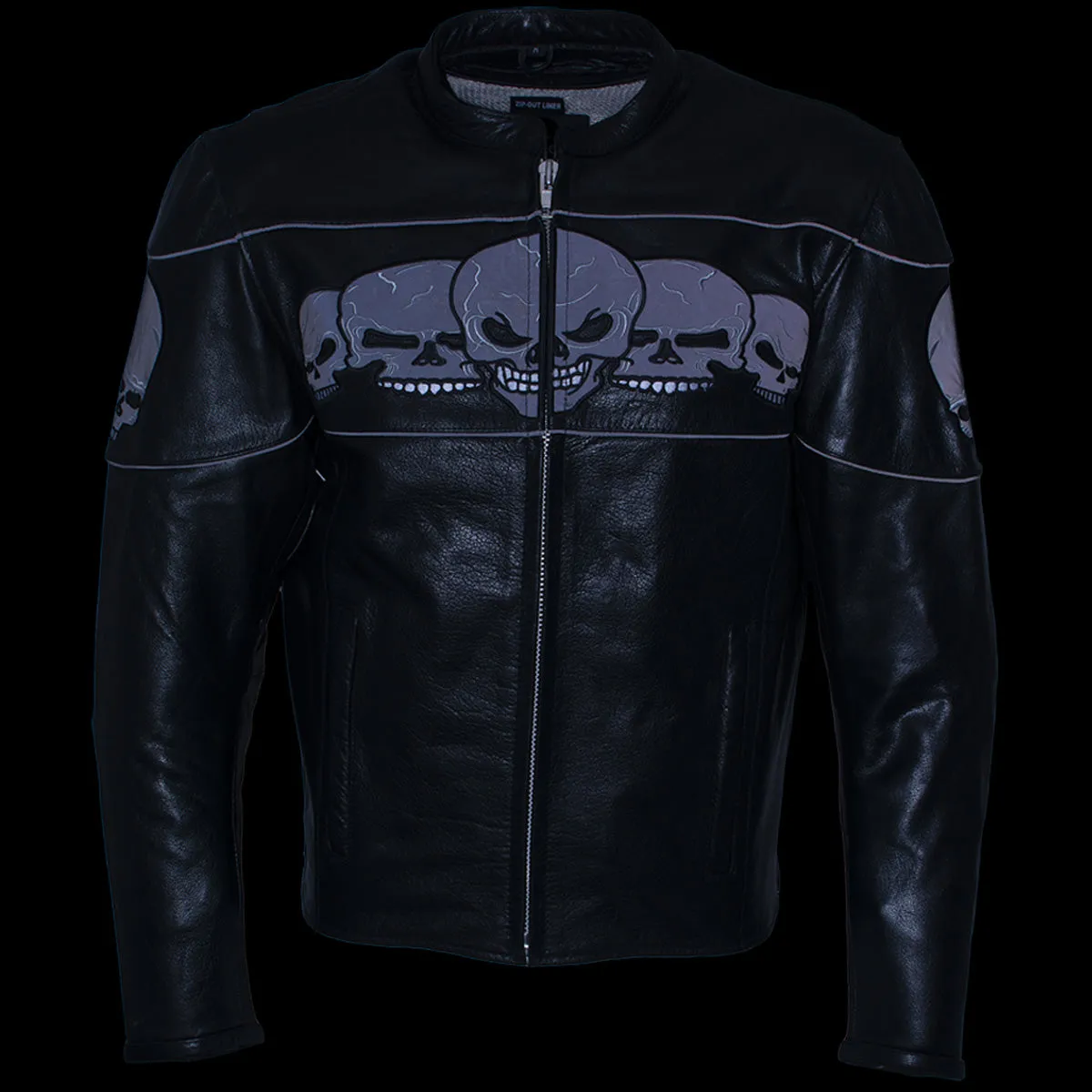 Xelement BXU6050 Men's '3 Skull Head' Black Leather Motorcycle Jacket