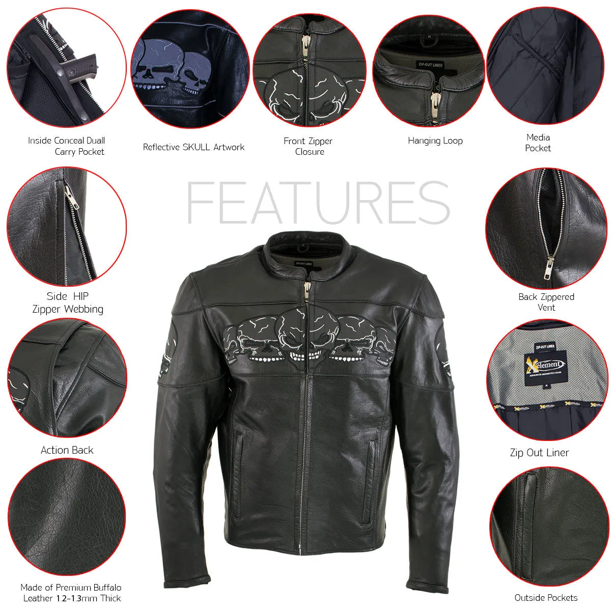 Xelement BXU6050 Men's '3 Skull Head' Black Leather Motorcycle Jacket