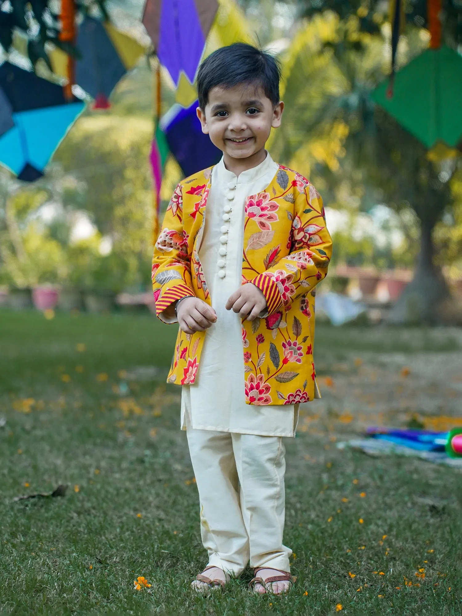 Yellow Printed Long Jacket Kurta Pant Set - Boys