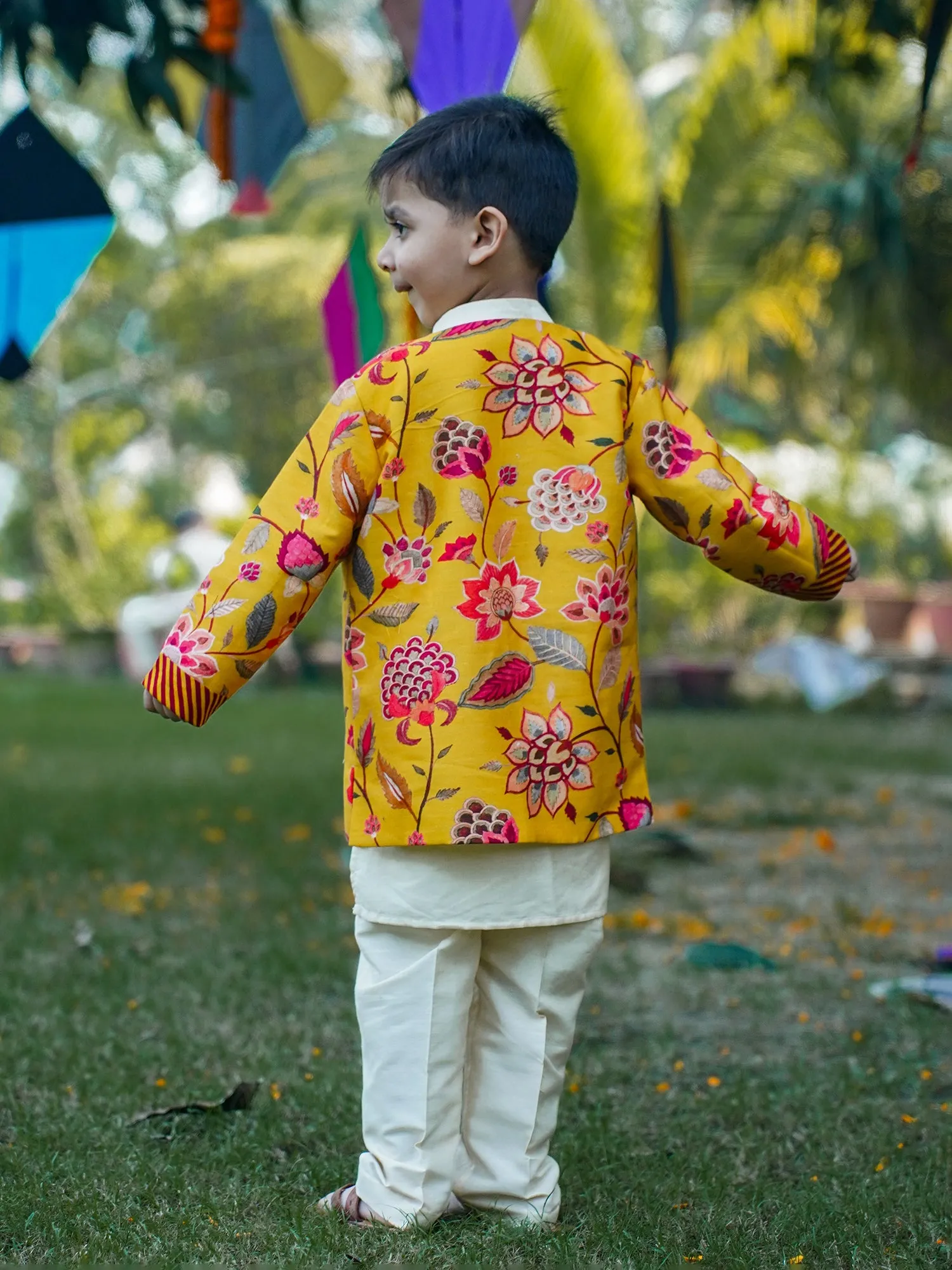 Yellow Printed Long Jacket Kurta Pant Set - Boys